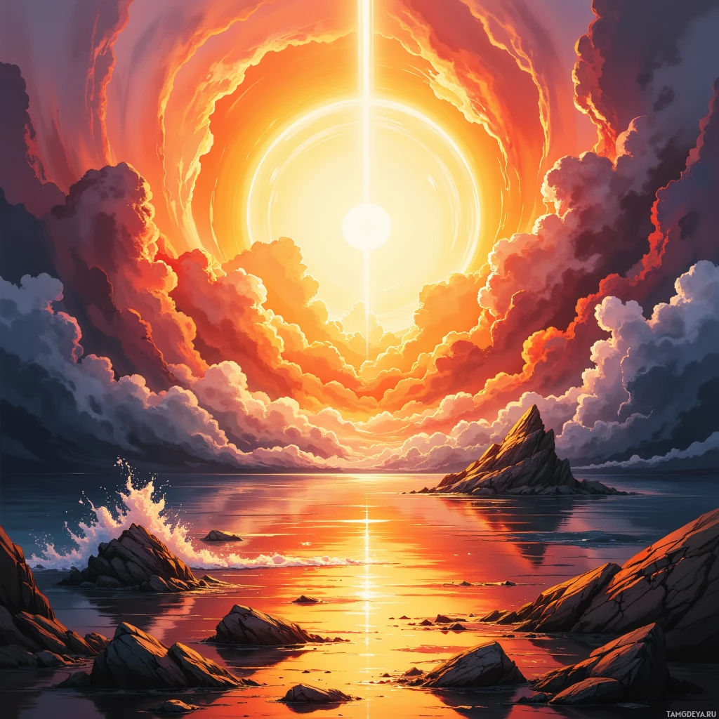 A vibrant sunset scene with a glowing sun surrounded by swirling clouds, reflected in calm waters with rocky formations.