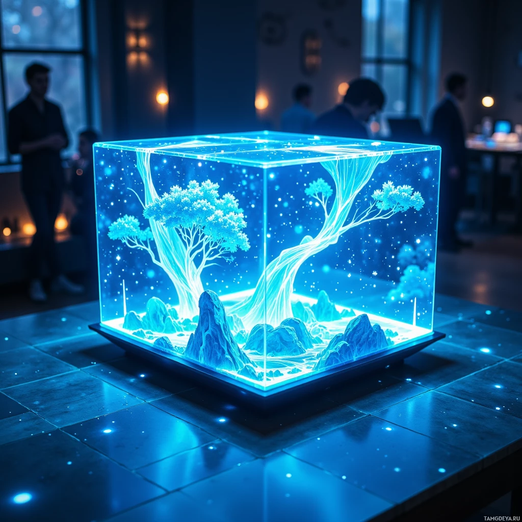 A glowing blue cube with a tree and rocky landscape inside, displayed on a table in a dimly lit room.