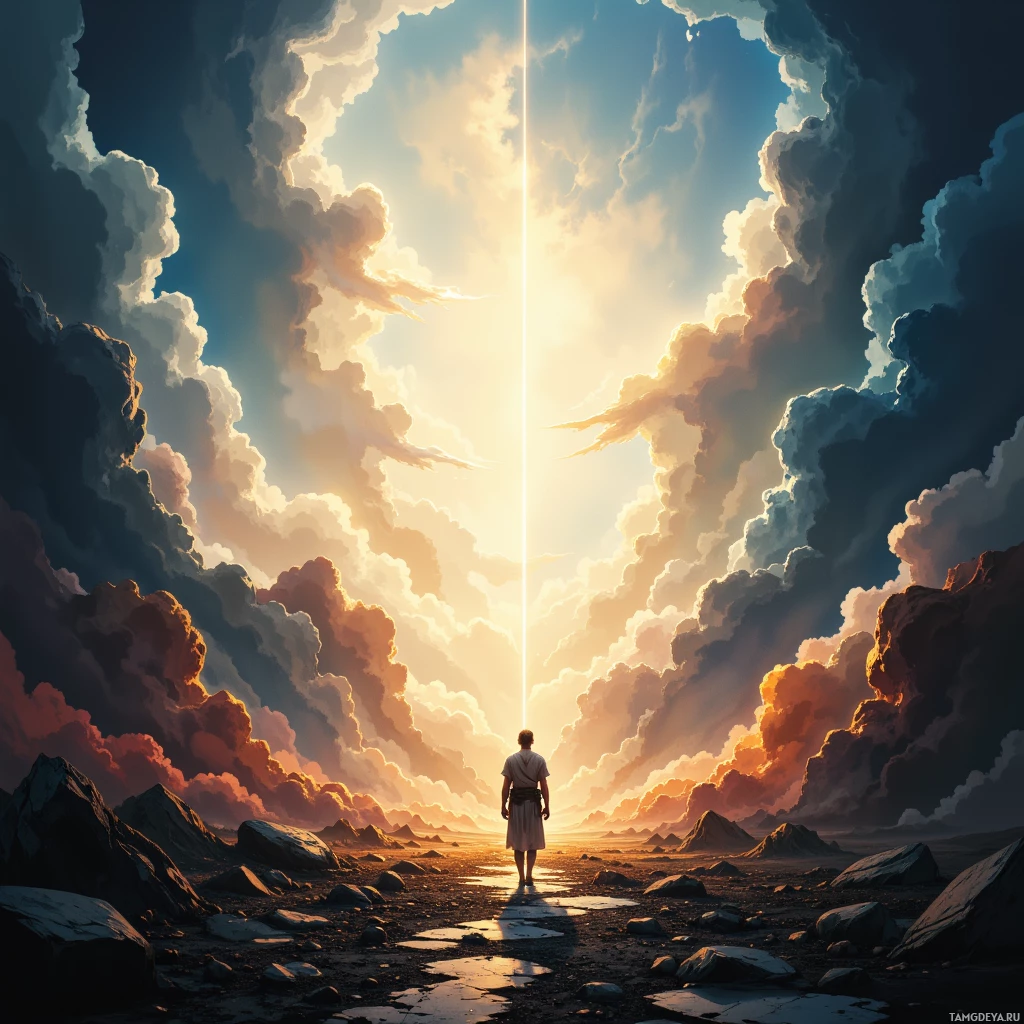 A solitary figure stands in a barren landscape, gazing upward at a radiant light piercing through the clouds.