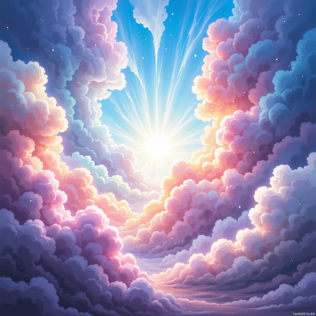A vibrant sky with fluffy clouds and a radiant sunburst.