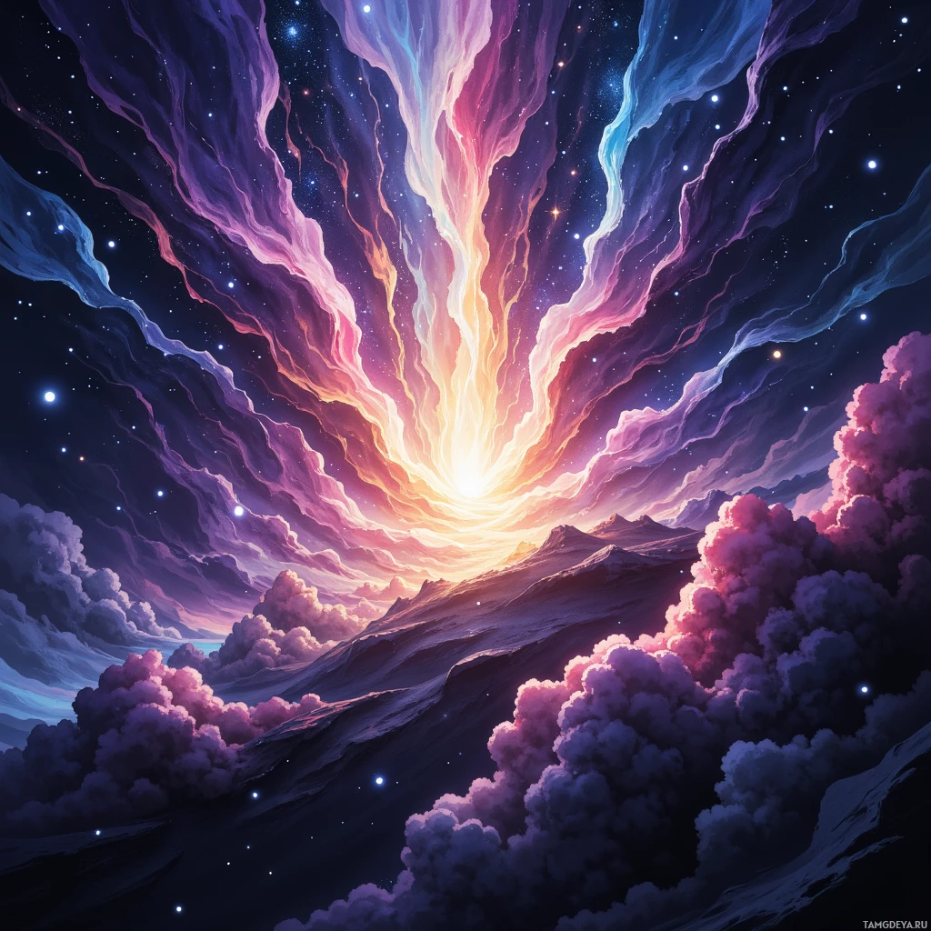 A vibrant cosmic scene with swirling clouds and a radiant light source at the center.