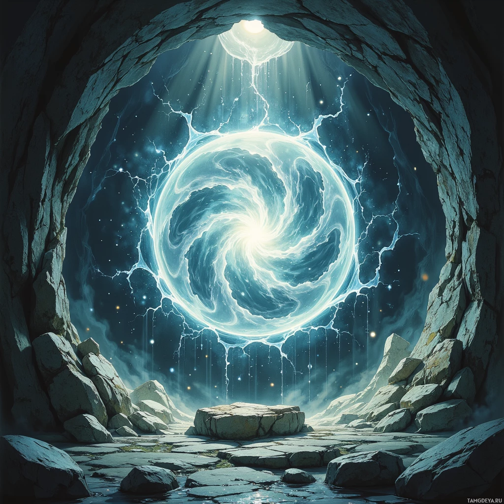 A mystical cave with a glowing, swirling portal at its center.
