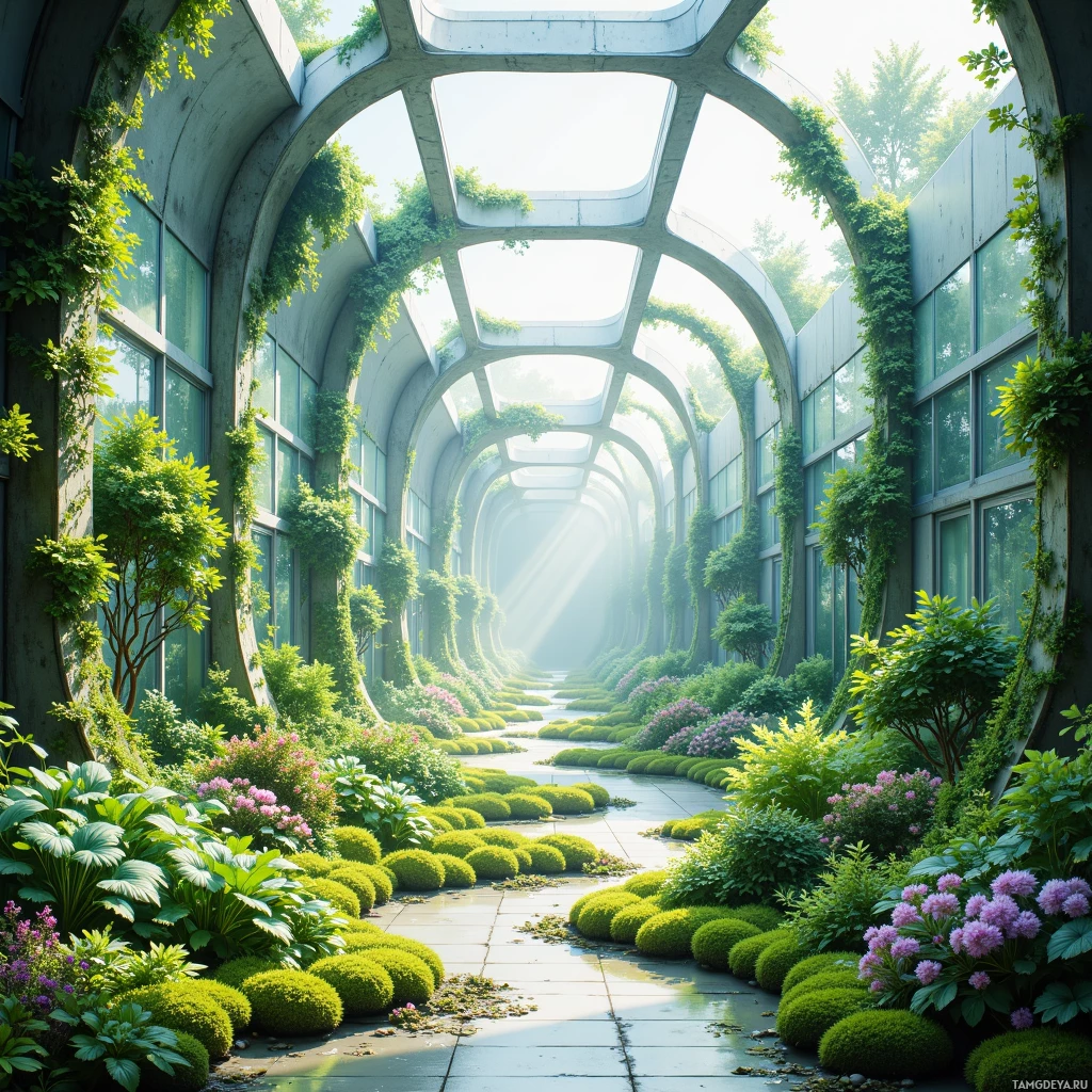 A lush, sunlit garden with greenery and flowers lining a walkway under a glass roof.