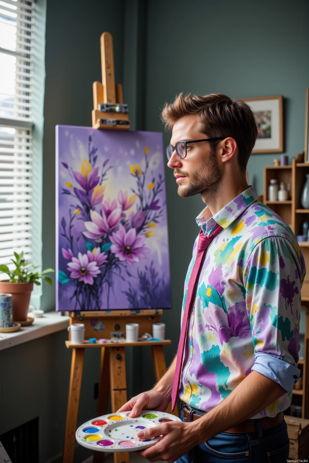 A man in a colorful shirt stands in an art studio, holding a palette and looking at a painting of flowers.