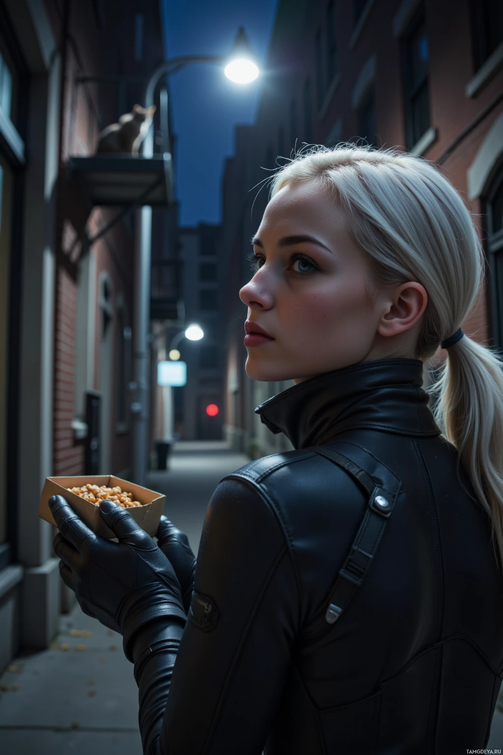 A person in a black outfit holding a box of popcorn stands in a dimly lit alleyway.