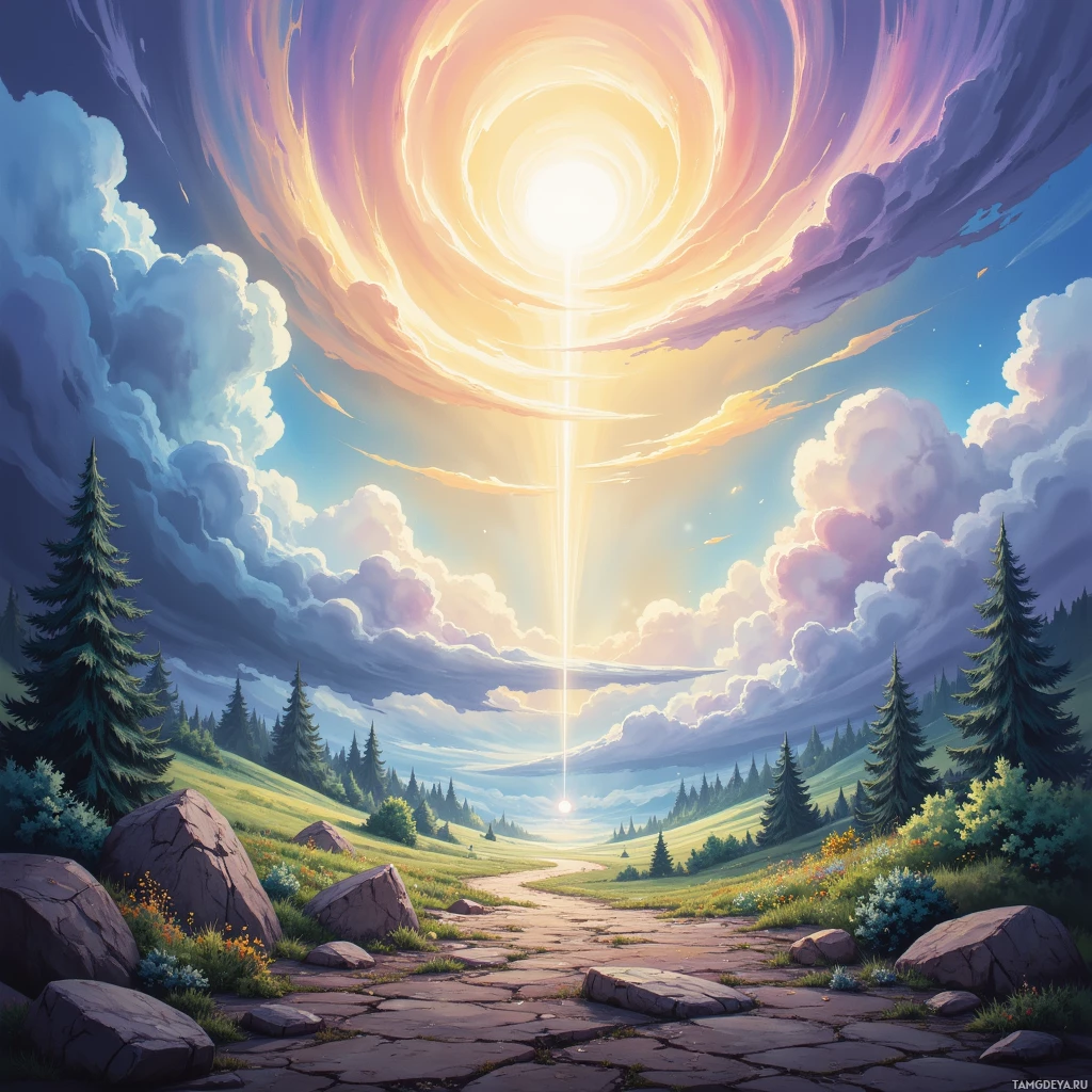 A serene landscape with a glowing sun in the sky, surrounded by clouds, and a path leading through a forested area.