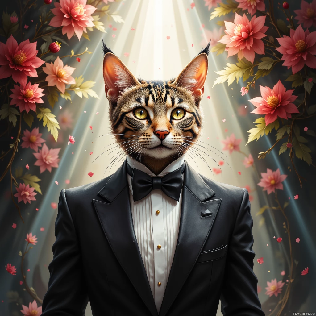 A cat in a tuxedo stands against a floral backdrop.