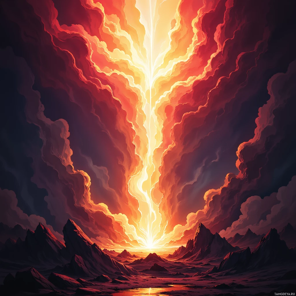 A fiery, dramatic landscape with a glowing vertical light source and rugged mountains.