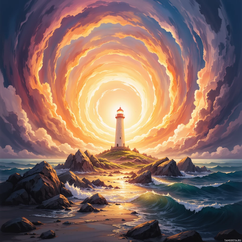 A lighthouse stands on a rocky island surrounded by swirling clouds and crashing waves at sunset.