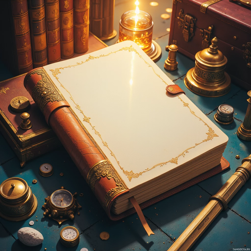 An ornate book with a gold-embossed cover sits on a table alongside a lit candle, a vintage clock, and other antique items.