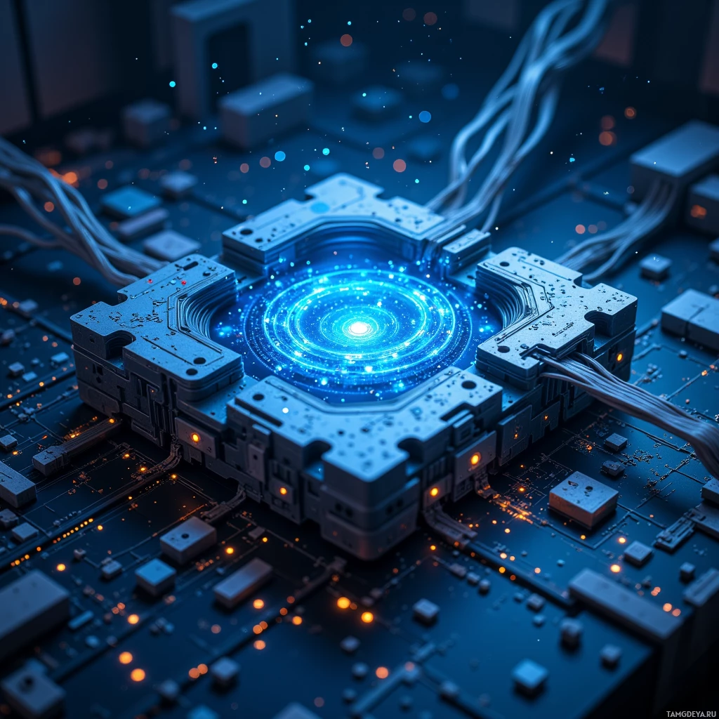 A futuristic circuit board with glowing blue and orange lights.