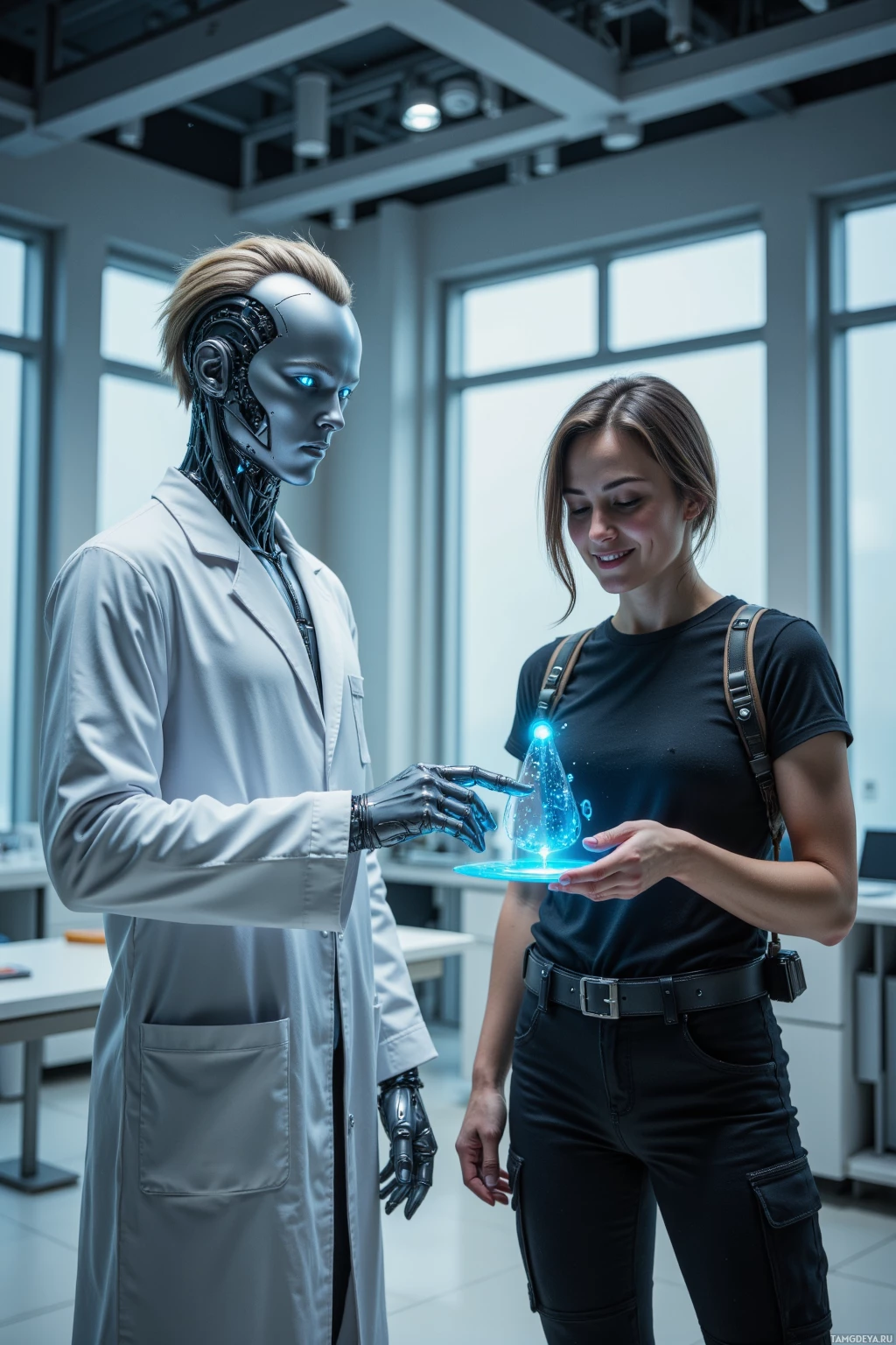 A person in a lab coat interacts with a humanoid robot in a modern laboratory setting.
