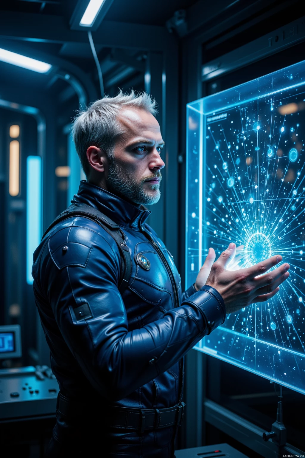 A man in a futuristic setting interacts with a glowing, networked display.