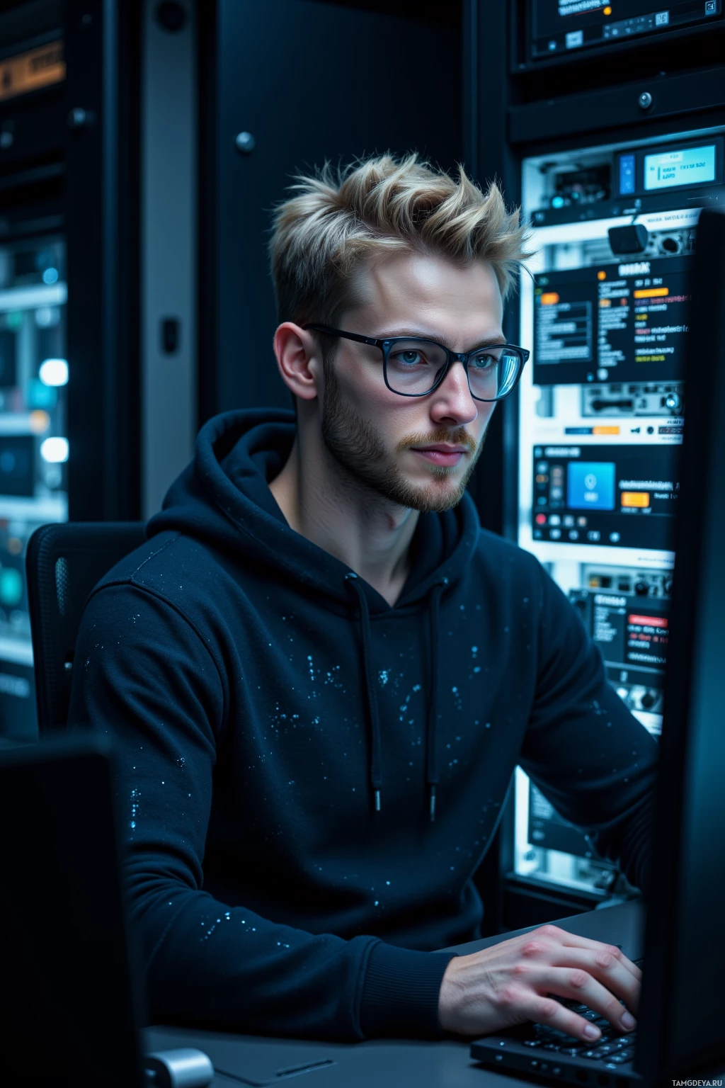 A person wearing glasses and a hoodie is seated at a computer in a dimly lit room with equipment in the background.