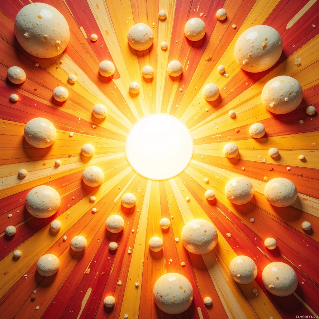 A vibrant, sunburst pattern with white spheres and small specks on a gradient background.
