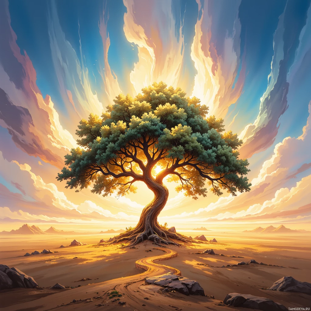 A solitary tree stands in a vast desert under a dramatic sky.