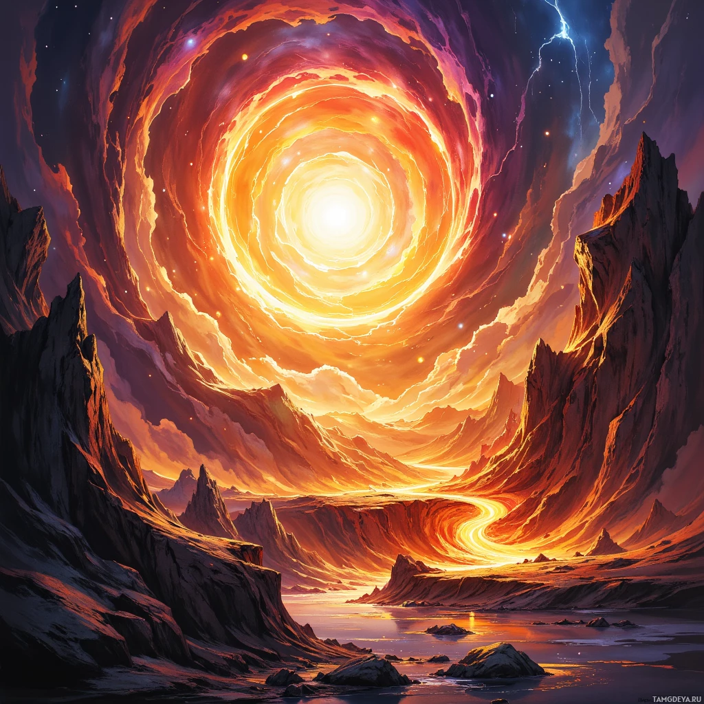 A vibrant, cosmic landscape featuring a swirling vortex of fiery orange and red hues against a starry night sky.