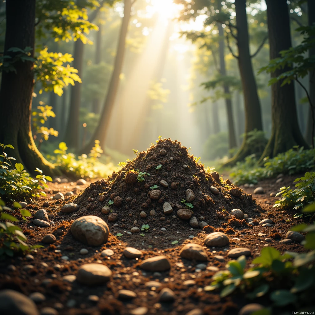 A serene forest scene with sunlight filtering through the trees, casting a warm glow on a small mound of soil and rocks.