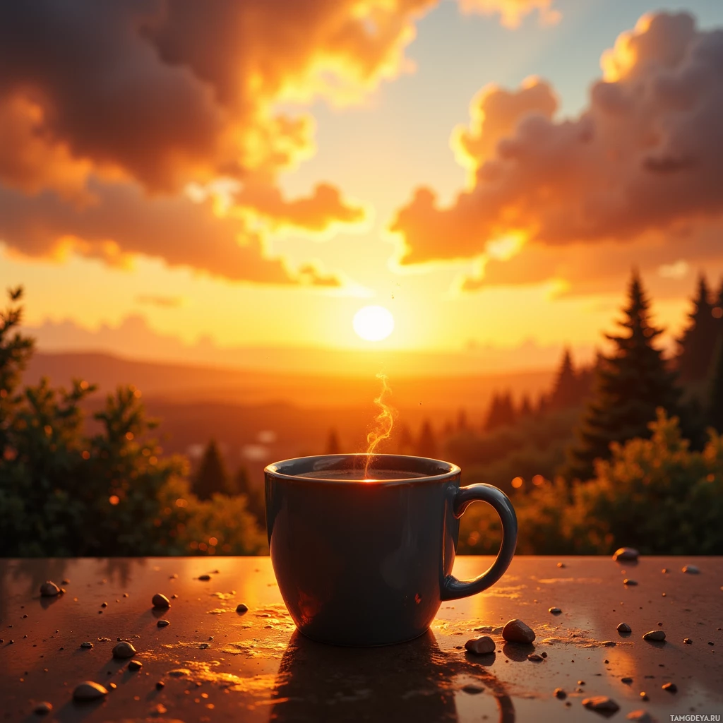 A steaming cup of coffee sits on a table against a backdrop of a vibrant sunset.