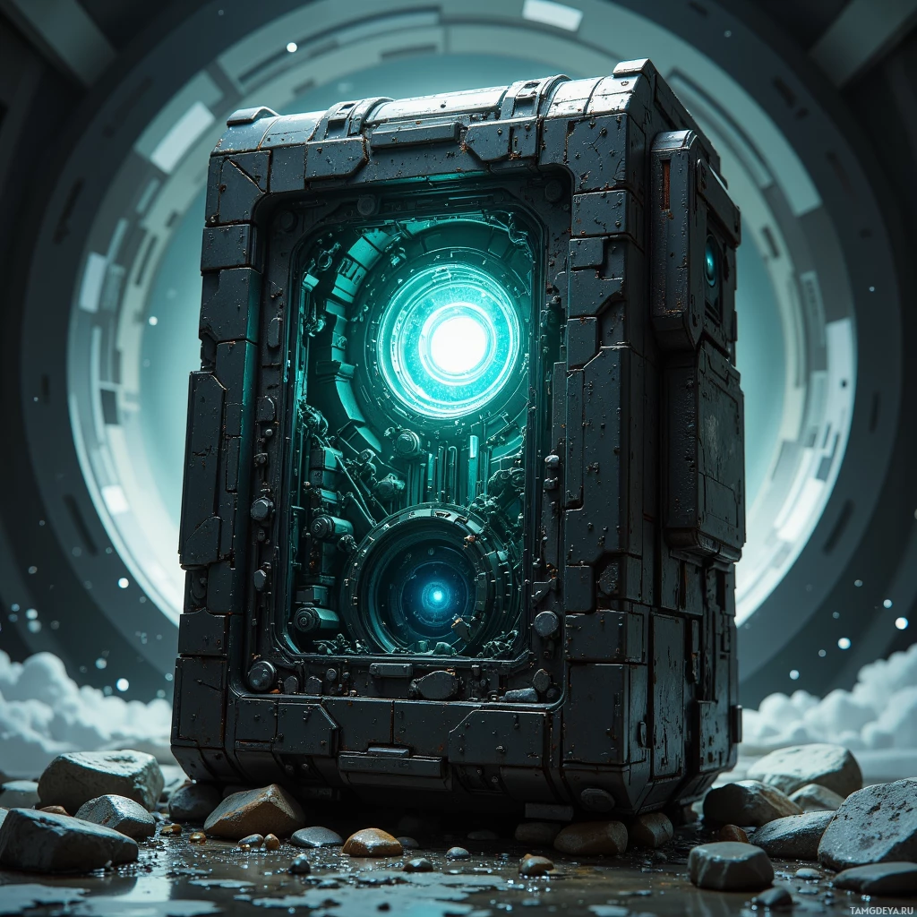A futuristic, metallic cube with glowing blue lights and intricate mechanical details stands on rocky ground.