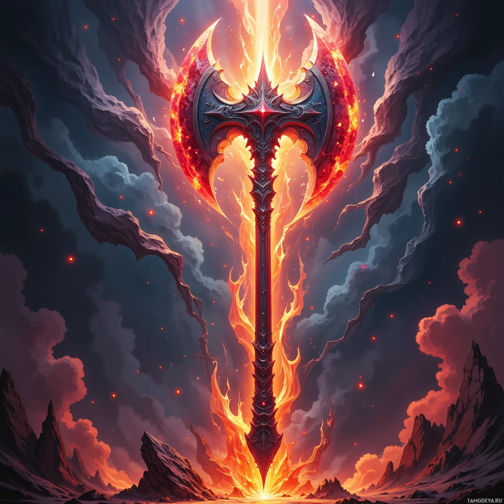 A fiery, glowing artifact with intricate designs stands tall against a dramatic, cloudy sky.