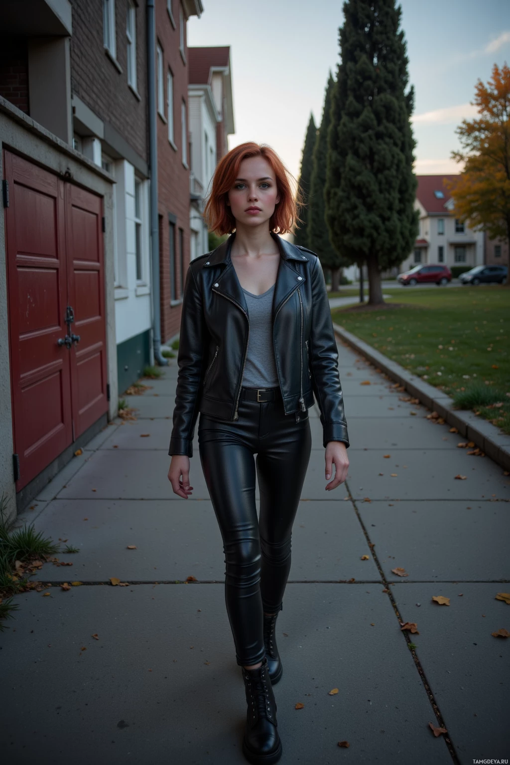A person in a leather jacket and pants walks down a sidewalk in an urban neighborhood.