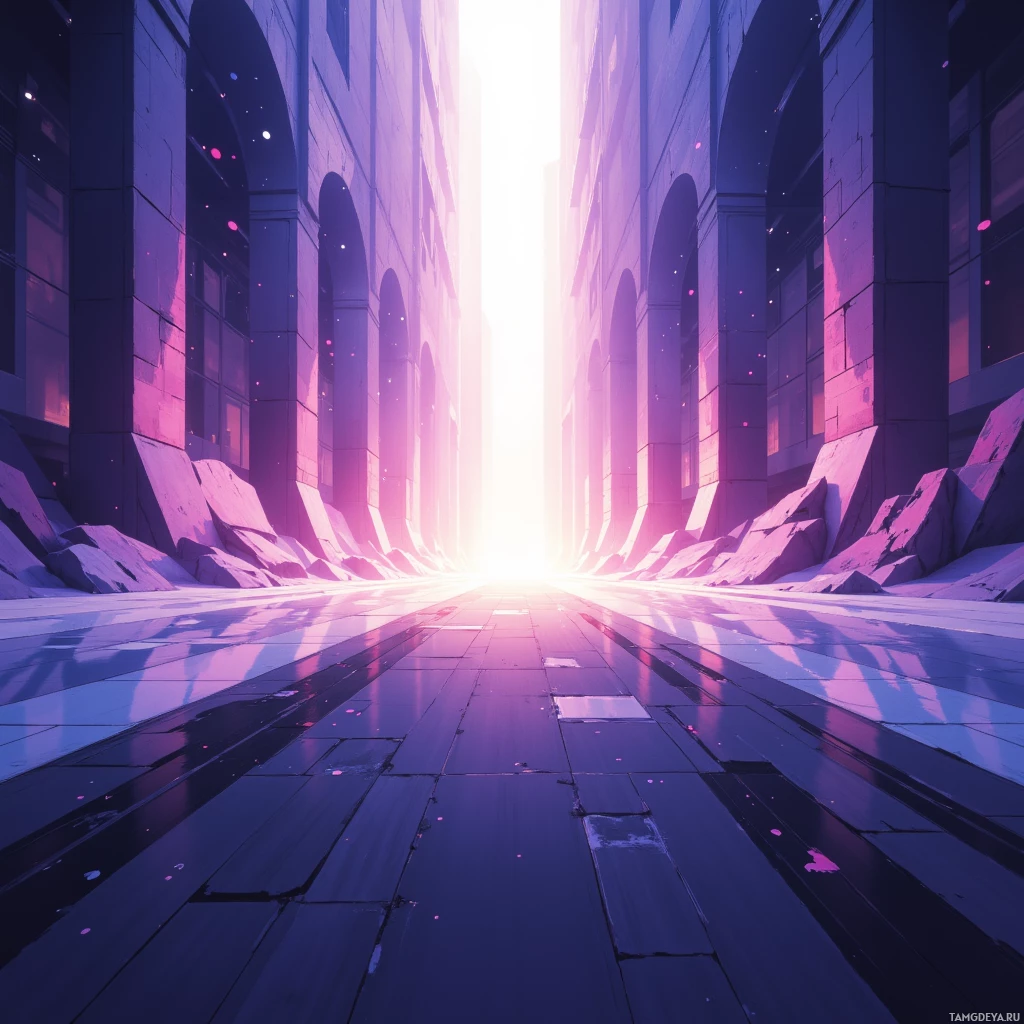 A futuristic corridor with glowing pink and purple hues leading towards a bright light at the end.
