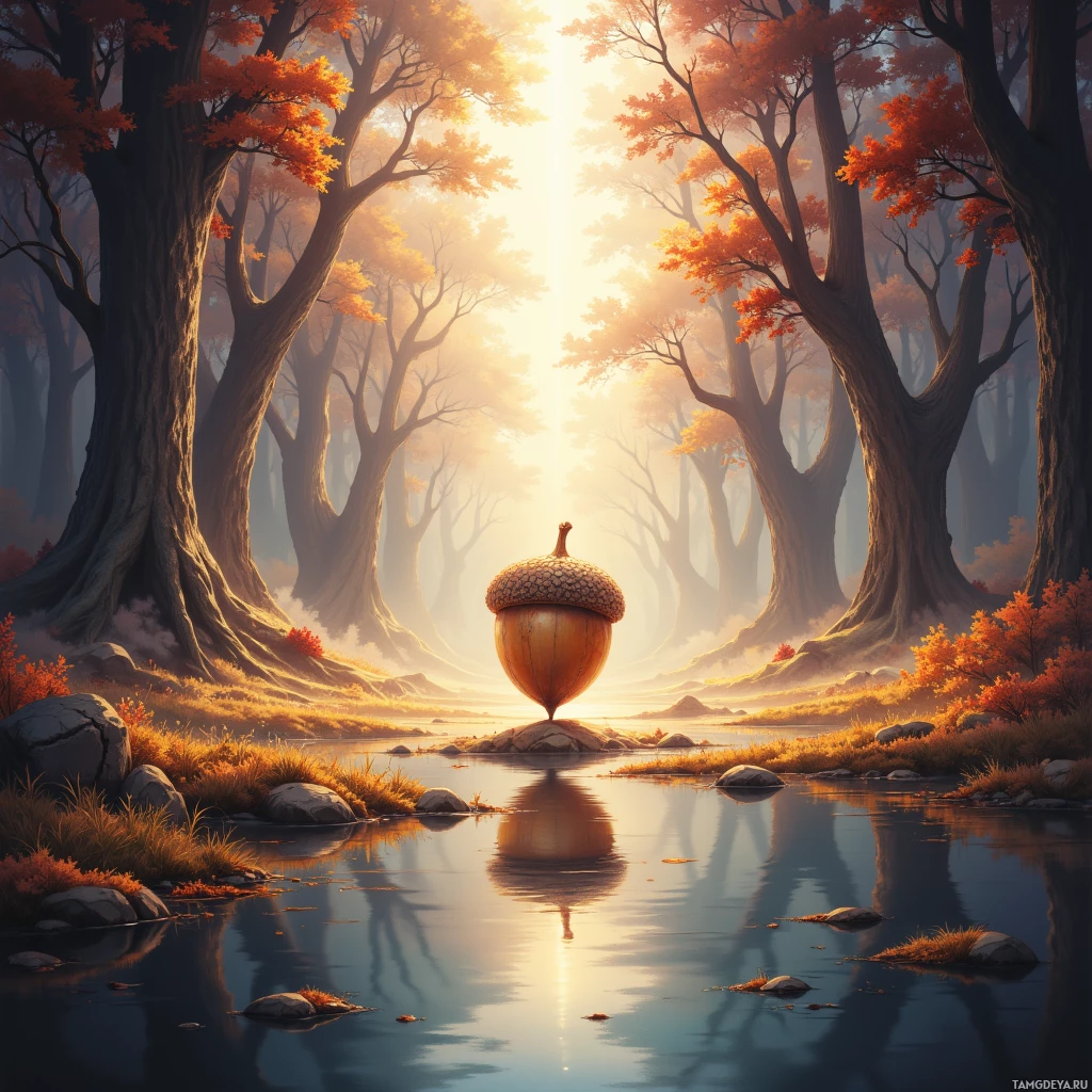 A serene autumn forest scene with a glowing sun and a floating acorn above a calm river.