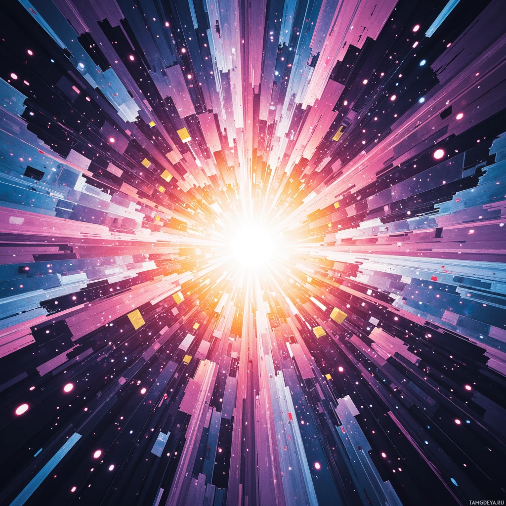 A vibrant, abstract digital artwork featuring radiating lines and glowing particles in shades of blue, purple, and pink.