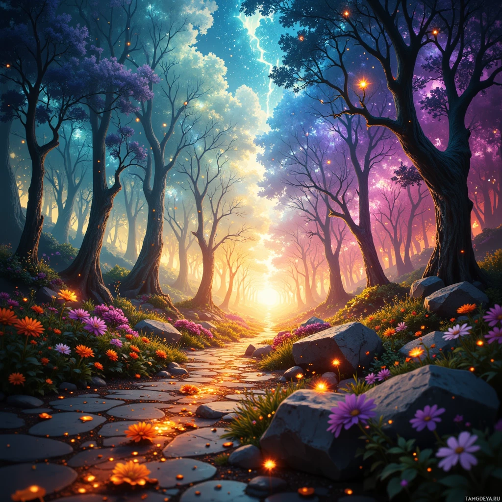 A magical forest scene with glowing trees, colorful flowers, and a stone path leading into the distance.