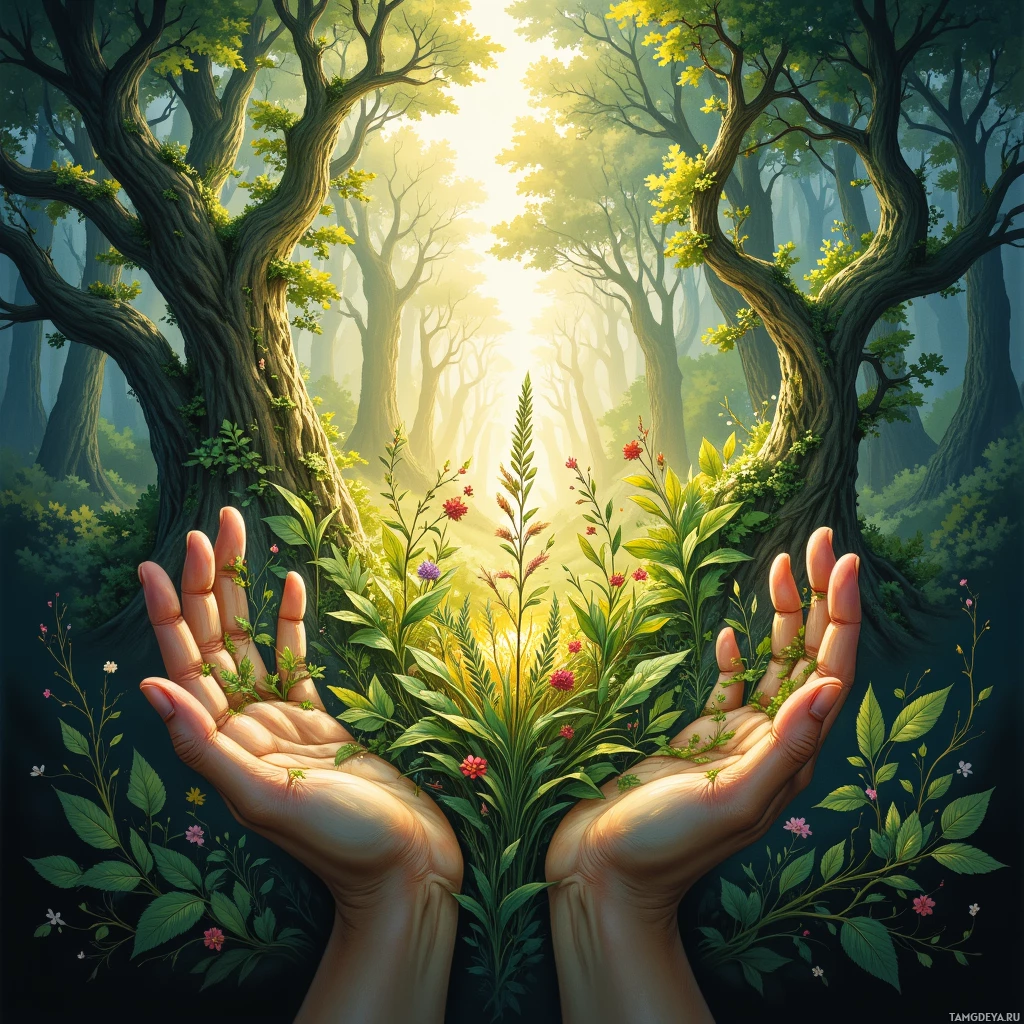 Two hands gently cup a vibrant forest scene with blooming flowers and lush greenery.