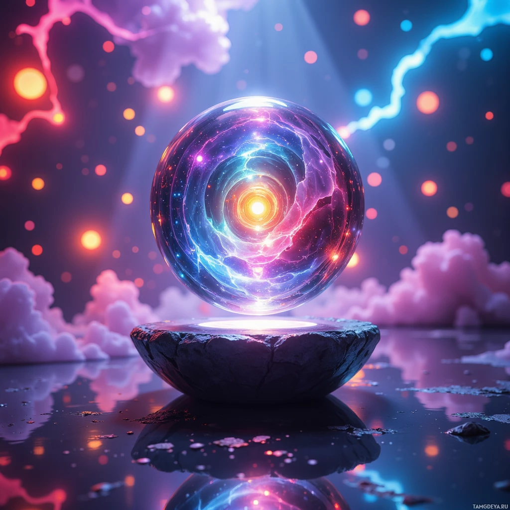A glowing, swirling orb rests on a reflective surface, surrounded by vibrant, cosmic light and ethereal clouds.