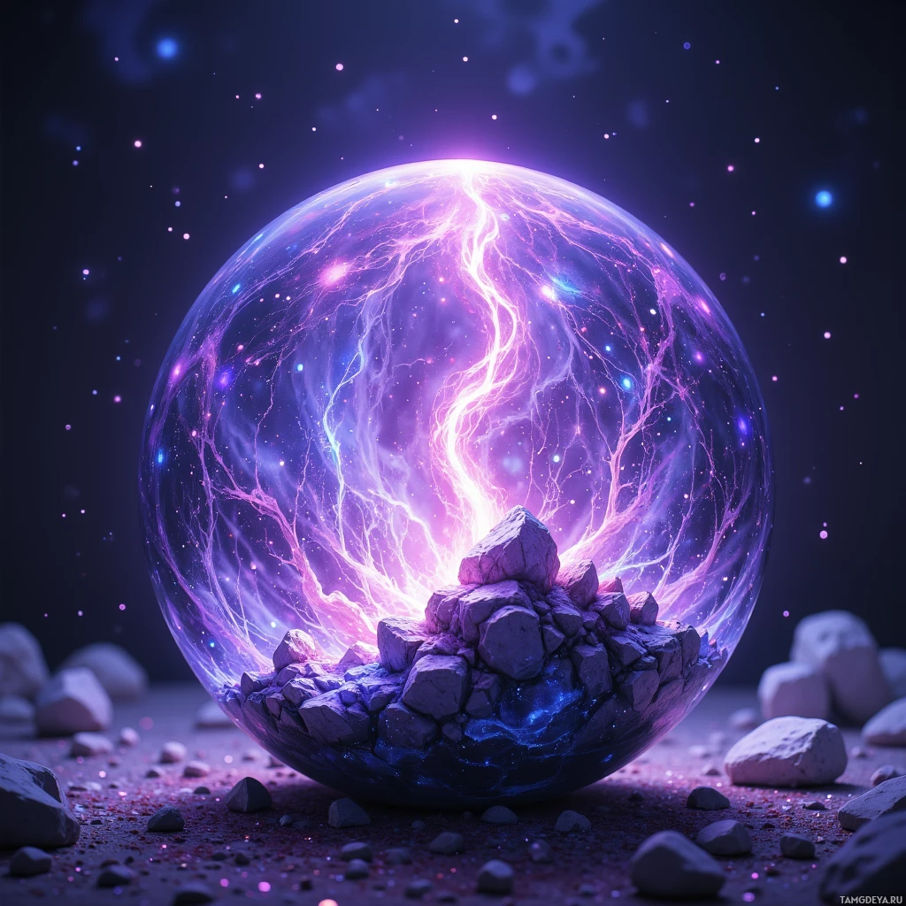 A glowing, ethereal sphere with lightning-like patterns and rocks inside, set against a starry night sky.