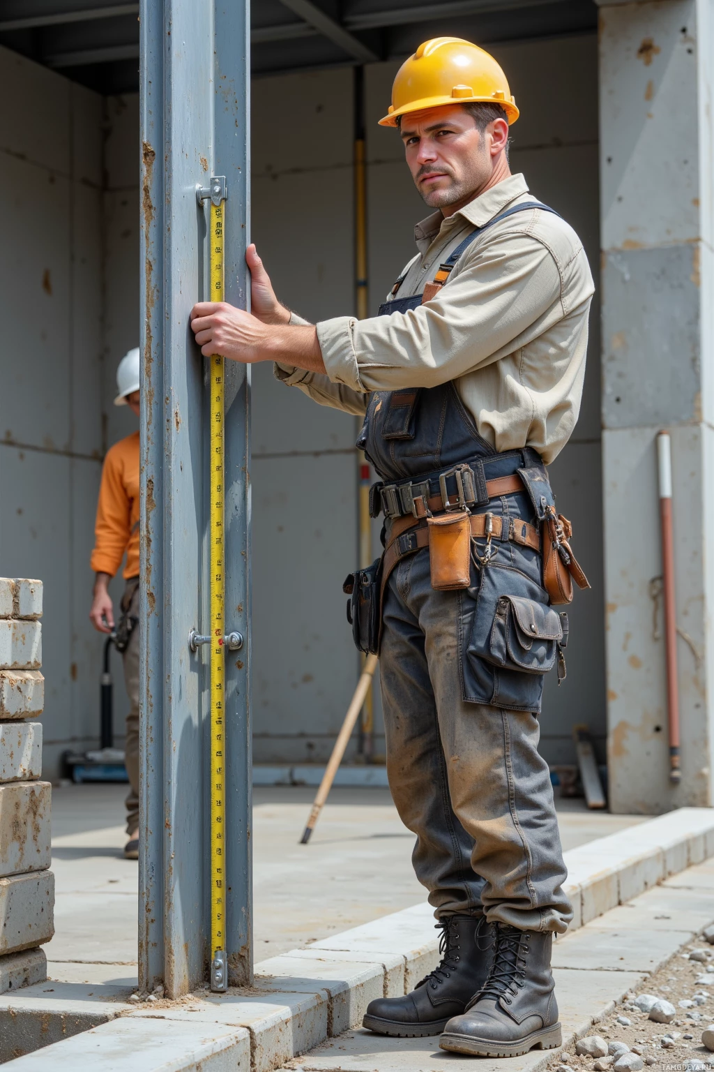 A construction worker in a hard hat and safety gear stands at a construction site.