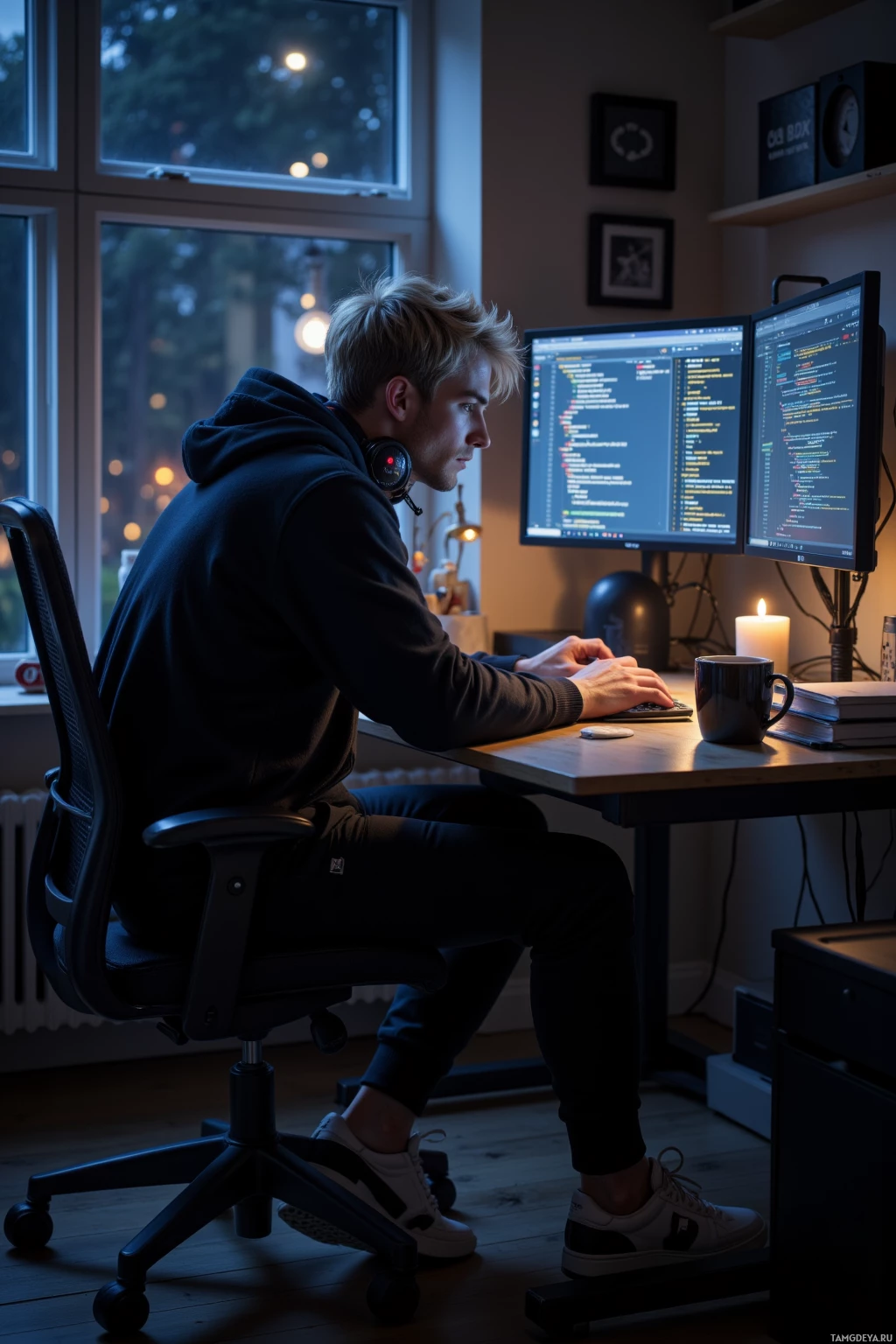 A person is sitting at a desk in a dimly lit room, working on a computer with dual monitors displaying code.