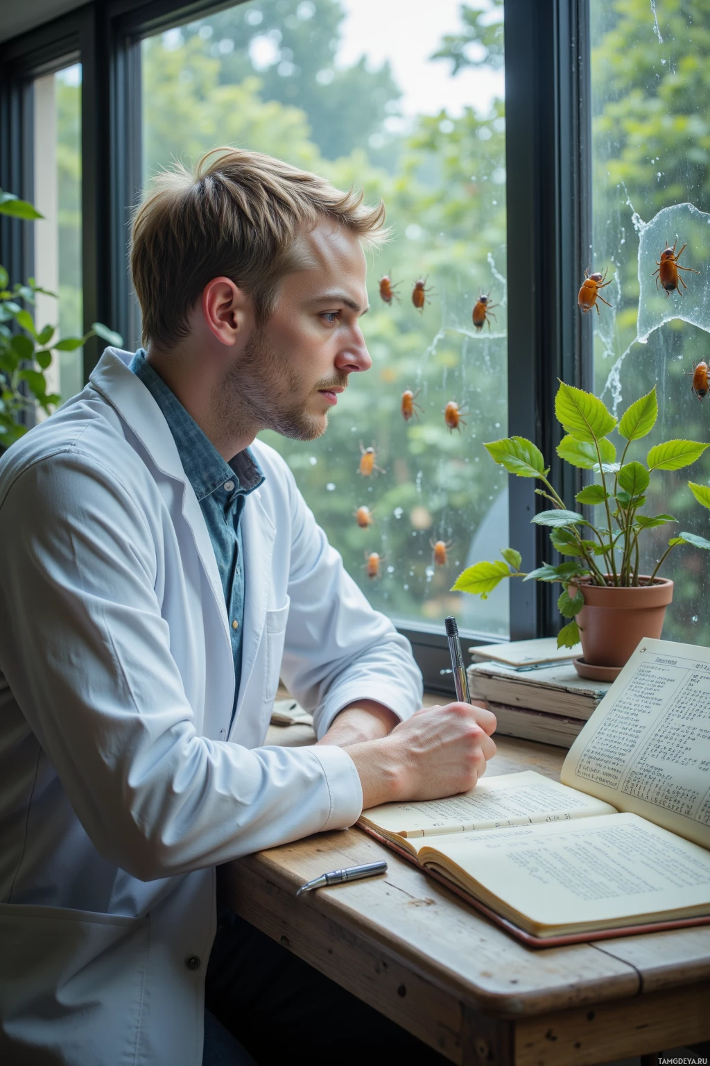 A man in a lab coat sits at a desk by a window, writing in a notebook.