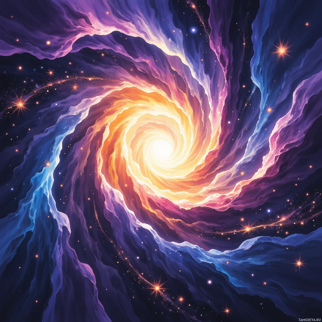 A vibrant cosmic swirl with swirling colors and sparkling stars.