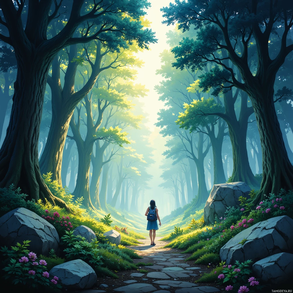 A person walks along a stone path through a lush, sunlit forest.
