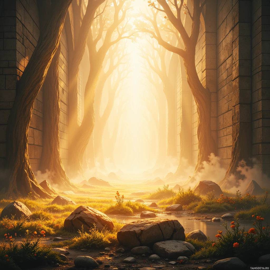 A serene forest scene with sunlight streaming through tall trees, illuminating a misty path and rocky landscape.