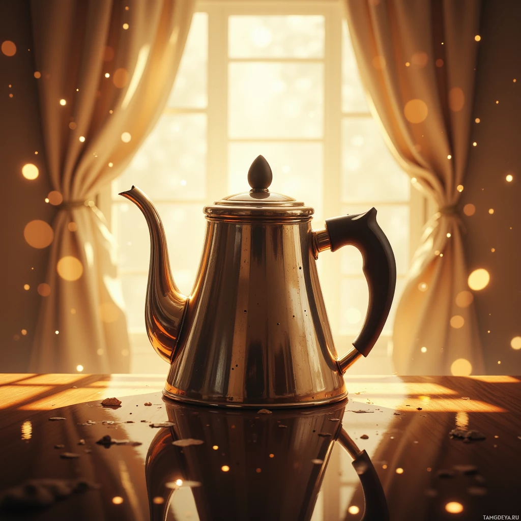A shiny teapot sits on a table with sunlight streaming through a window.