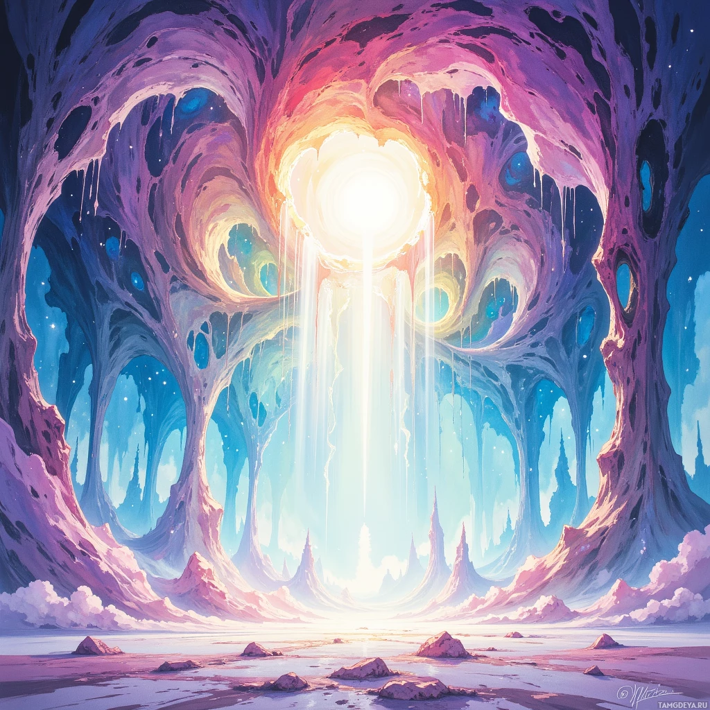 A surreal, ethereal landscape featuring a glowing light source at the center, surrounded by organic, flowing forms in vibrant purples, blues, and pinks.
