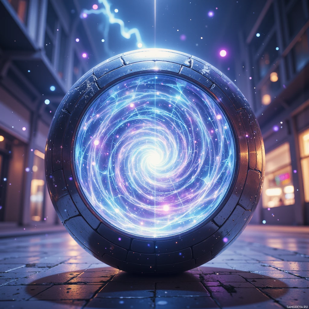 A glowing, futuristic portal with swirling energy and stars, set in an urban environment.