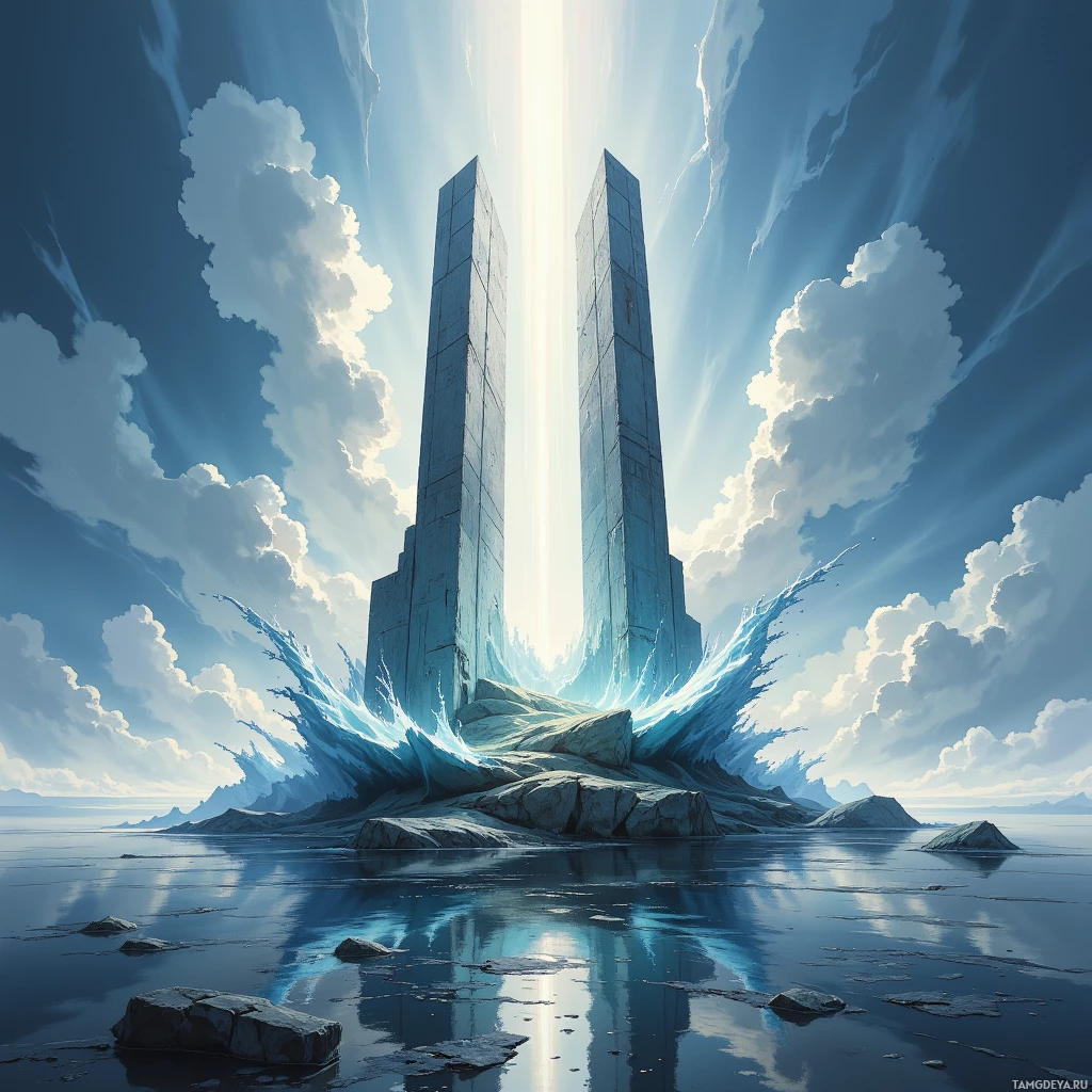 Two towering stone pillars rise from a serene body of water under a bright, cloud-filled sky.