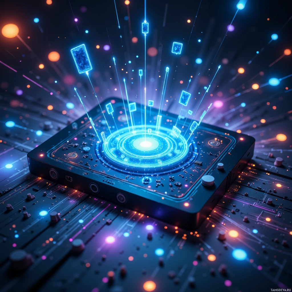 A futuristic device with glowing blue and orange lights and circuitry.