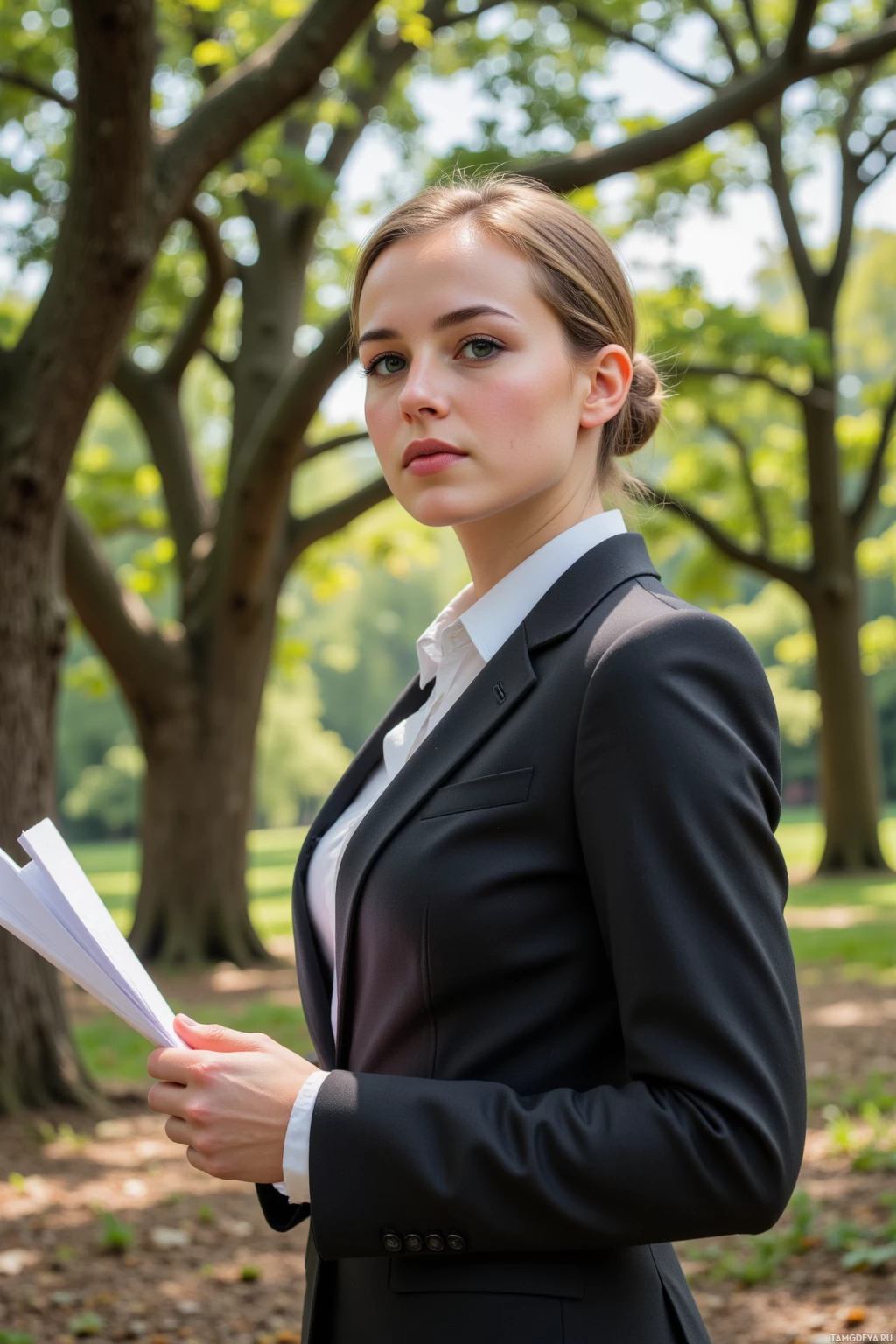 A woman in a formal suit stands outdoors in a park, holding papers.