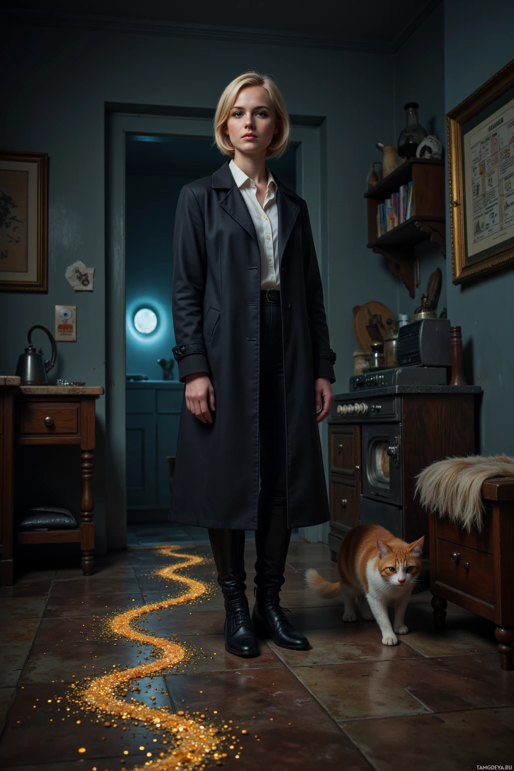 A woman stands in a dimly lit room with a cat and scattered crumbs on the floor.