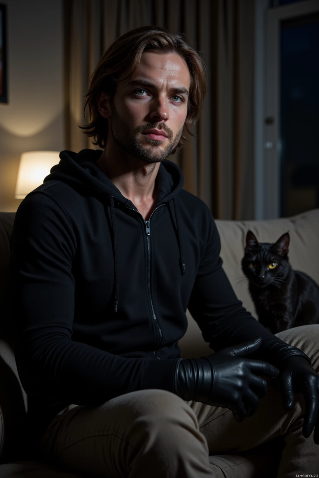 A man in a black hoodie and leather gloves sits on a couch with a black cat beside him.