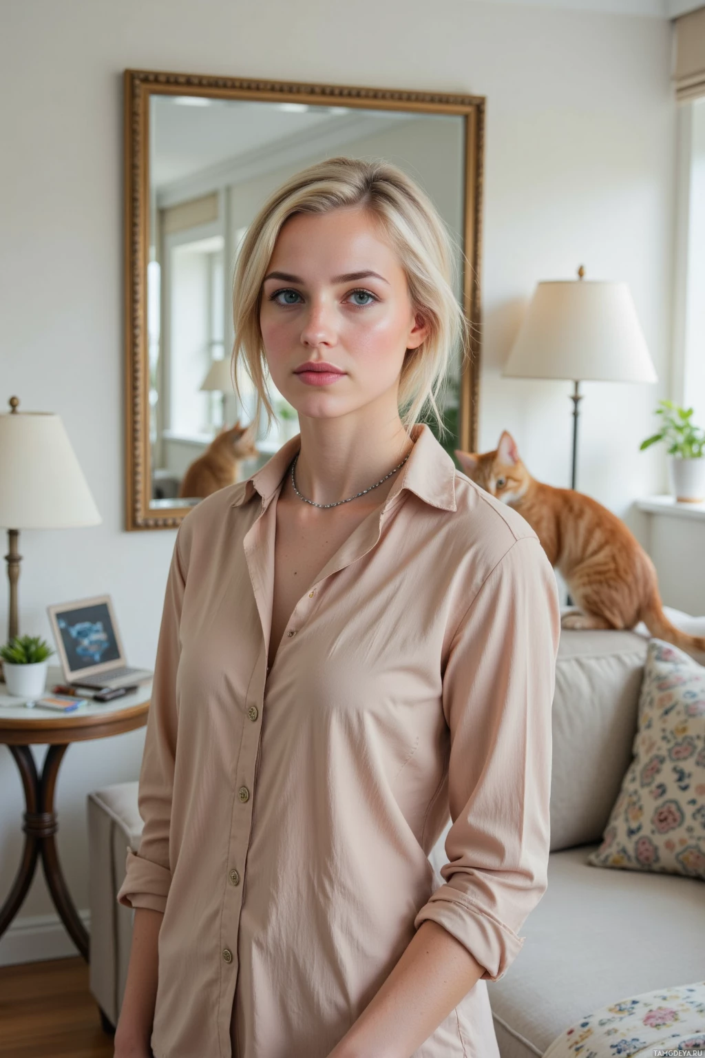 A woman stands in a cozy living room with a cat in the background.
