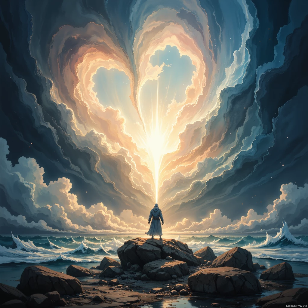 A solitary figure stands on a rocky shore, gazing at a radiant, heart-shaped opening in the clouds above.