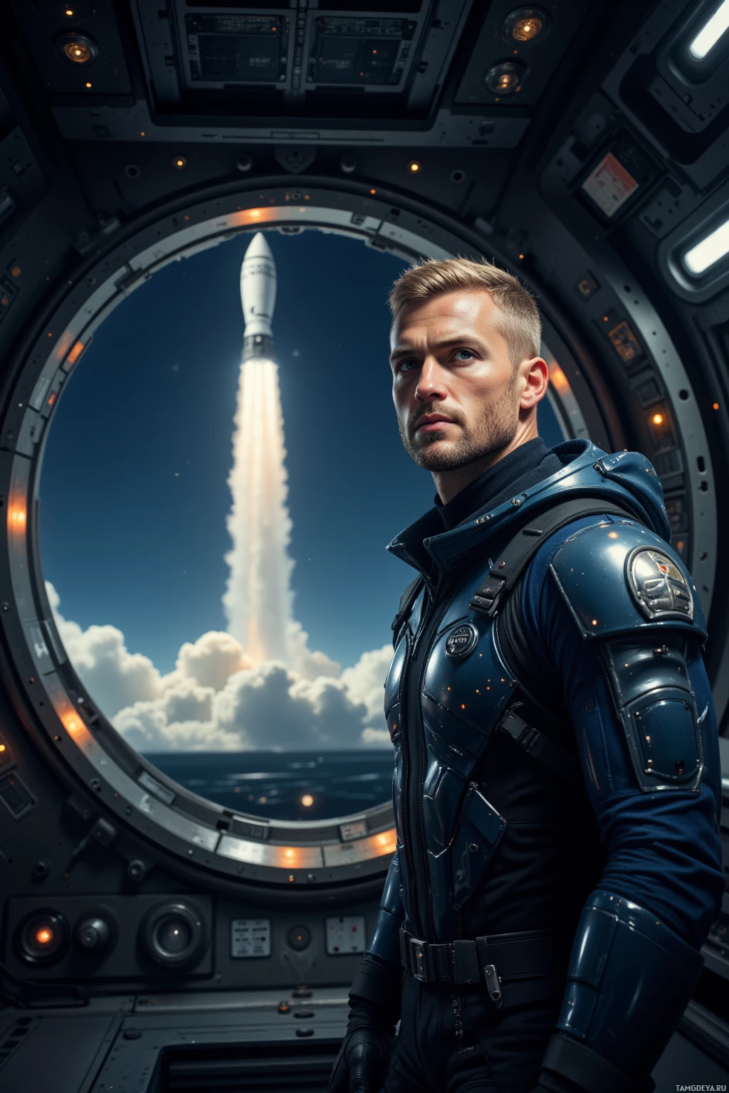 A person in a space suit stands inside a spacecraft, looking out at a rocket launch.